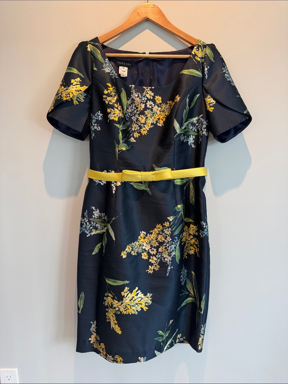 Frascara Floral Navy Sheath Dress with Yellow Belt
